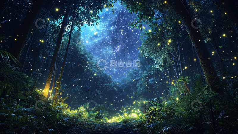 高清大图下载【趣麦麦图】萤火虫森林梦幻夜景