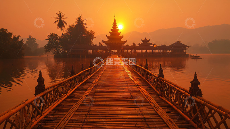 高清大图下载【趣麦麦图】日出时分水上寺庙长桥