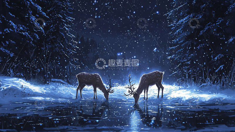 高清大图下载【趣麦麦图】雪夜森林中两只鹿饮水