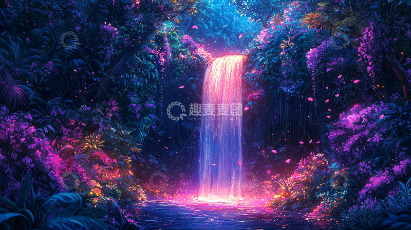 高清大图下载【趣麦麦图】梦幻瀑布森林夜景