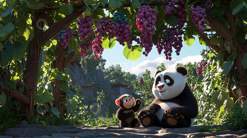 高清大图下载【趣麦麦图】熊猫和猴子葡萄园