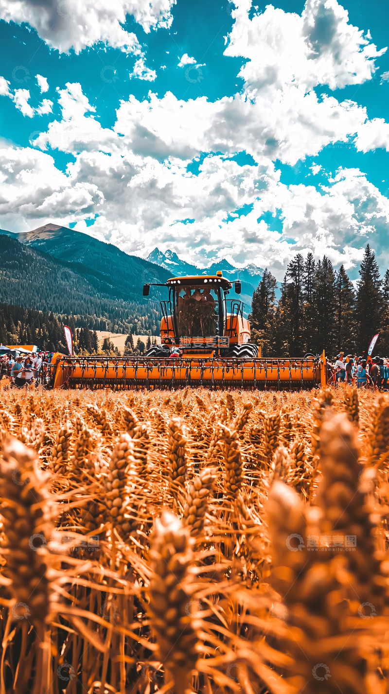 高清大图下载【趣麦麦图】收割机在金黄麦田背景下