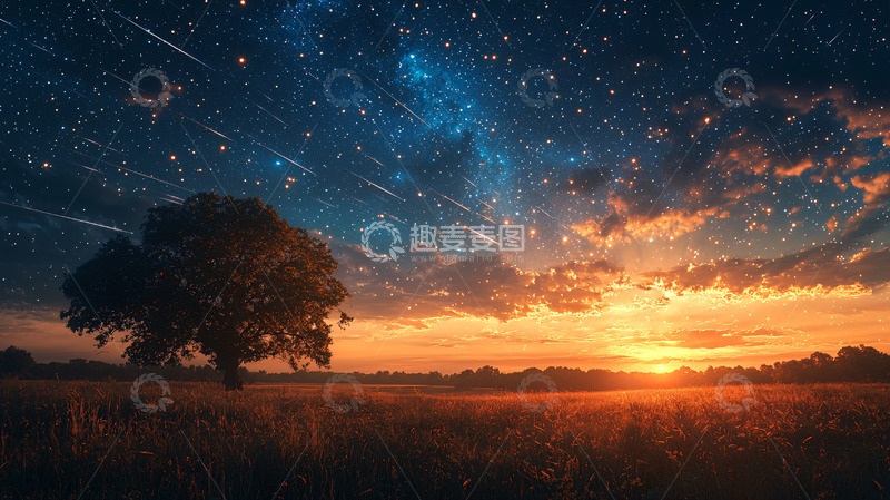 高清大图下载【趣麦麦图】星空下的落日与树