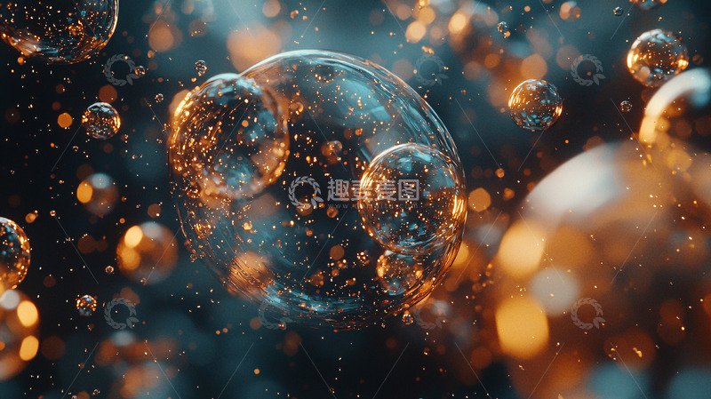 高清大图下载【趣麦麦图】漂浮的金色和蓝色气泡