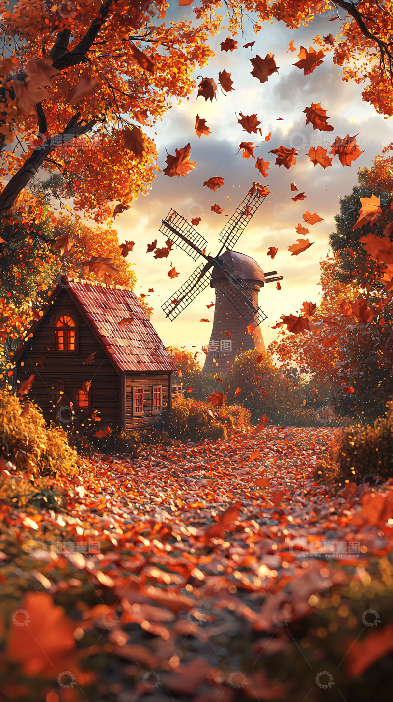 高清大图下载【趣麦麦图】秋日风车小屋落叶