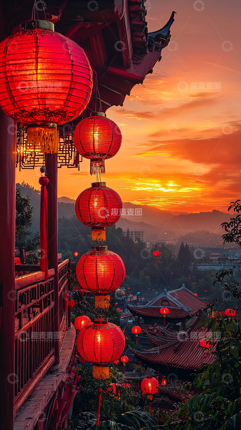 高清大图下载【趣麦麦图】红灯笼日落山景