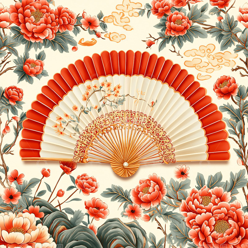 高清大图下载【趣麦麦图】中国风红色扇子花卉图案