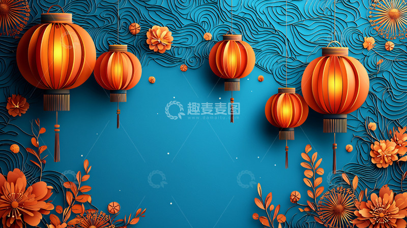 高清大图下载【趣麦麦图】蓝色背景橘色灯笼花卉