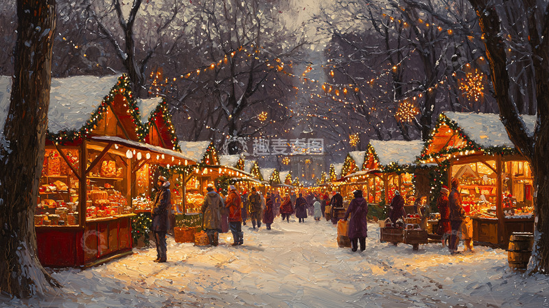 高清大图下载【趣麦麦图】冬日圣诞集市雪景