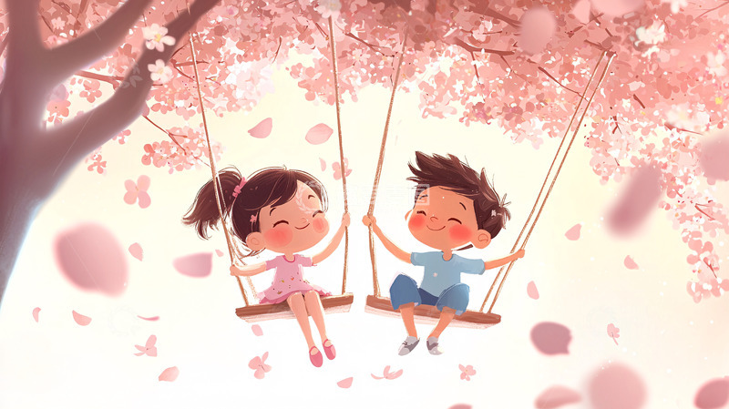 高清大图下载【趣麦麦图】樱花树下荡秋千的卡通儿童