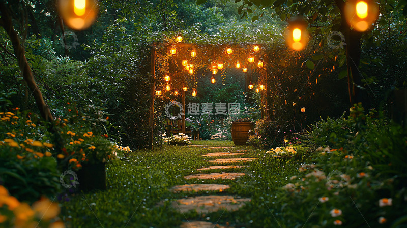 高清大图下载【趣麦麦图】夜晚花园小径灯光