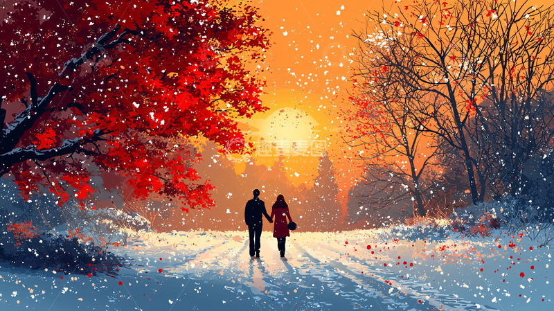 高清大图下载【趣麦麦图】雪中漫步的情侣