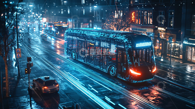 高清大图下载【趣麦麦图】夜晚雨中城市公交车