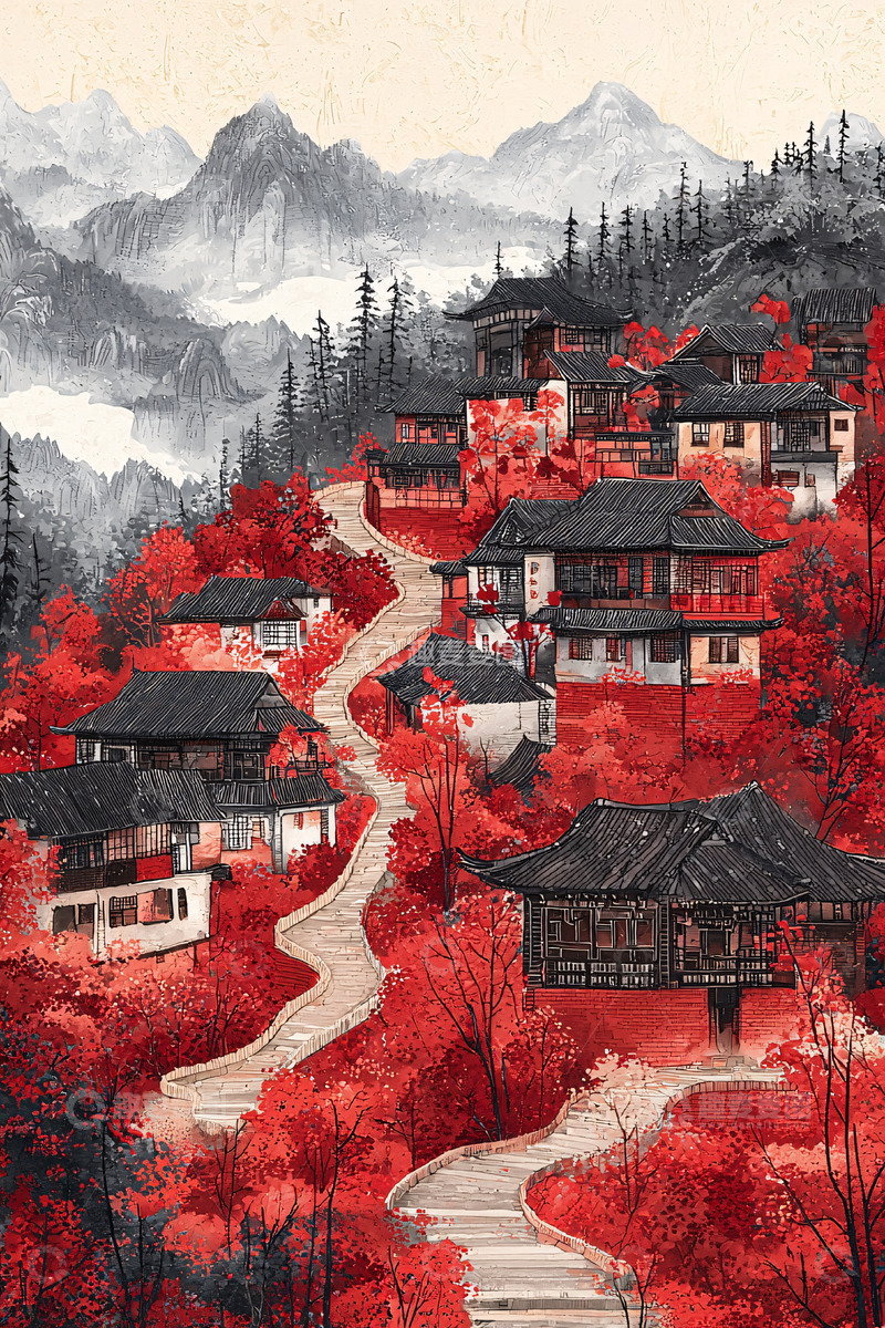 高清大图下载【趣麦麦图】红叶山村