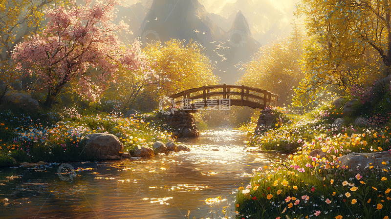高清大图下载【趣麦麦图】春日小溪木桥