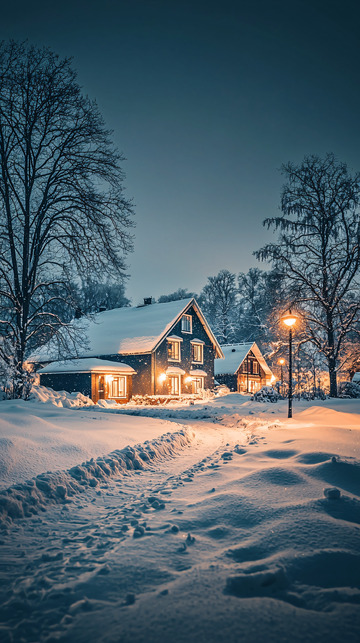 冬夜雪景房屋