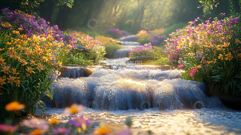 高清大图下载【趣麦麦图】阳光森林溪流花海