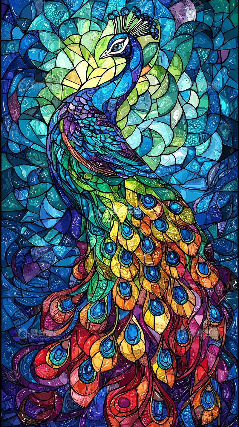 高清大图下载【趣麦麦图】彩色玻璃窗孔雀
