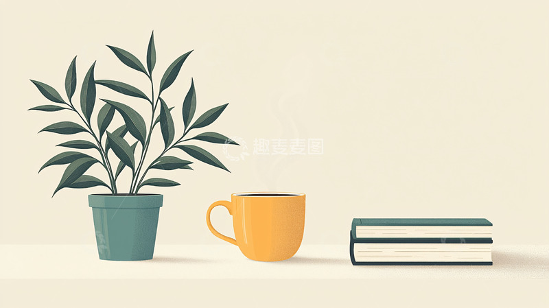 高清大图下载【趣麦麦图】简约风格绿植咖啡杯书籍