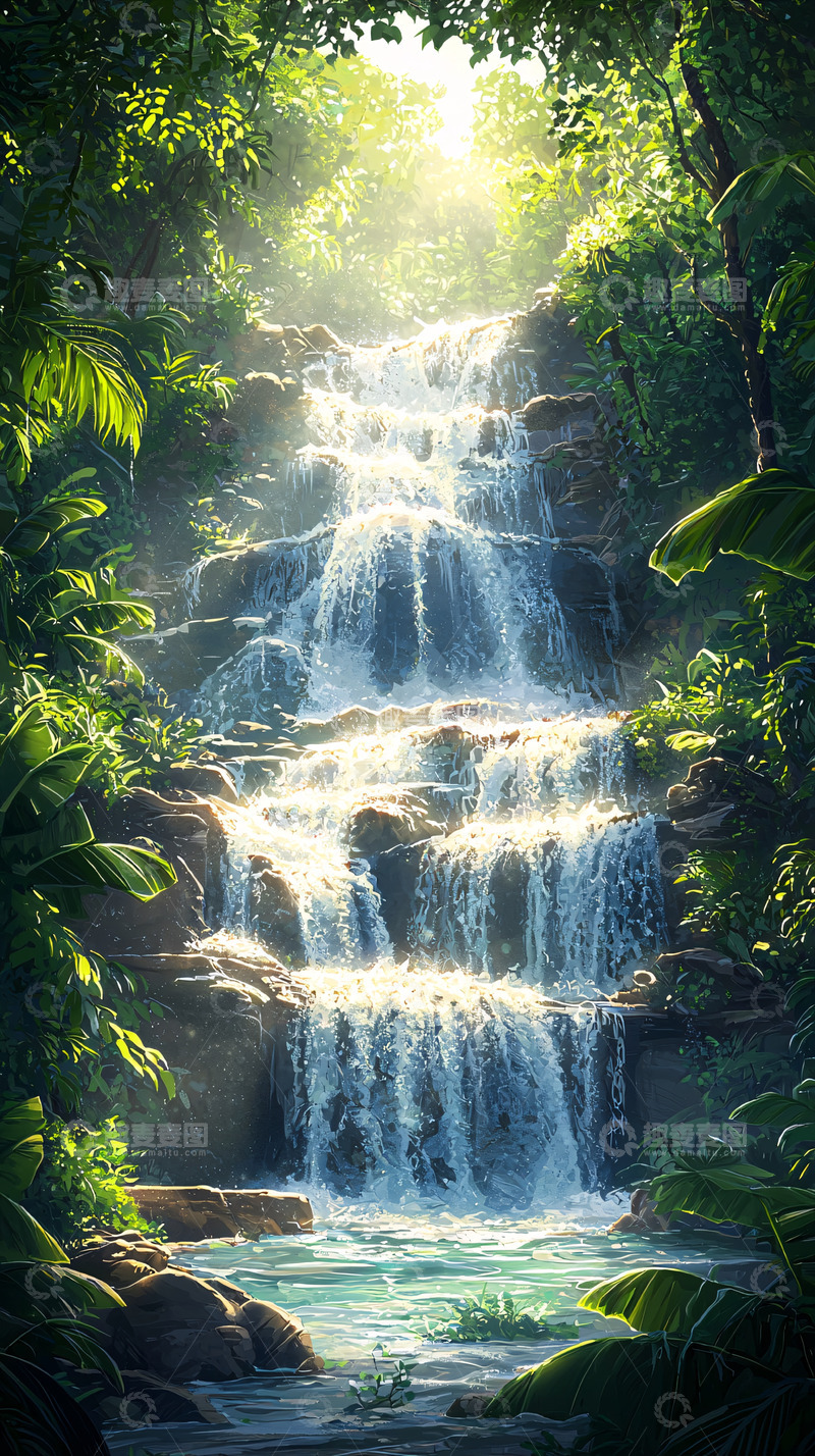 高清大图下载【趣麦麦图】热带雨林里的阶梯瀑布