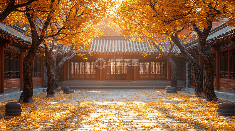 高清大图下载【趣麦麦图】秋日古建筑庭院落叶