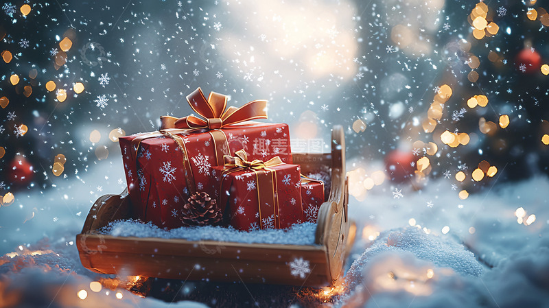 高清大图下载【趣麦麦图】圣诞雪景礼盒雪橇