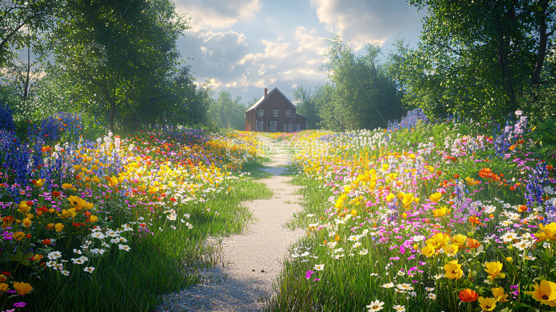 高清大图下载【趣麦麦图】乡间小路上的彩色花田