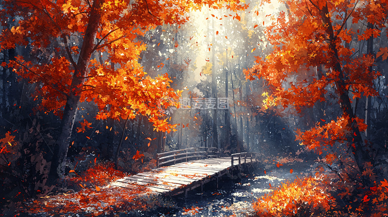 高清大图下载【趣麦麦图】秋日森林小桥流水