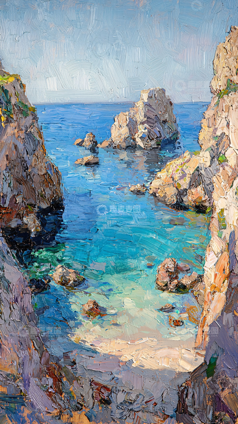 高清大图下载【趣麦麦图】海边岩石海岸油画风格
