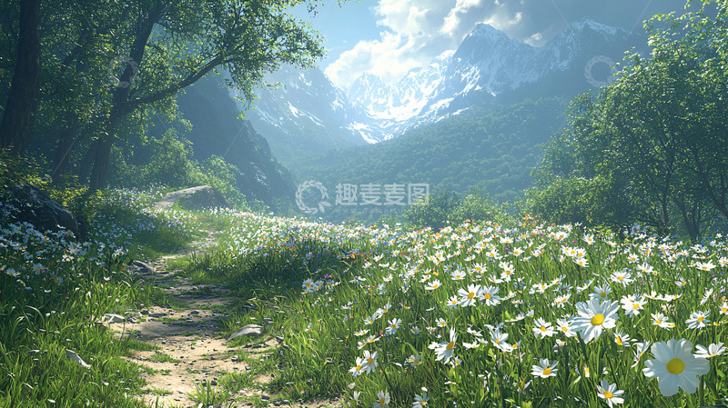 高清大图下载【趣麦麦图】阳光明媚的山谷花田