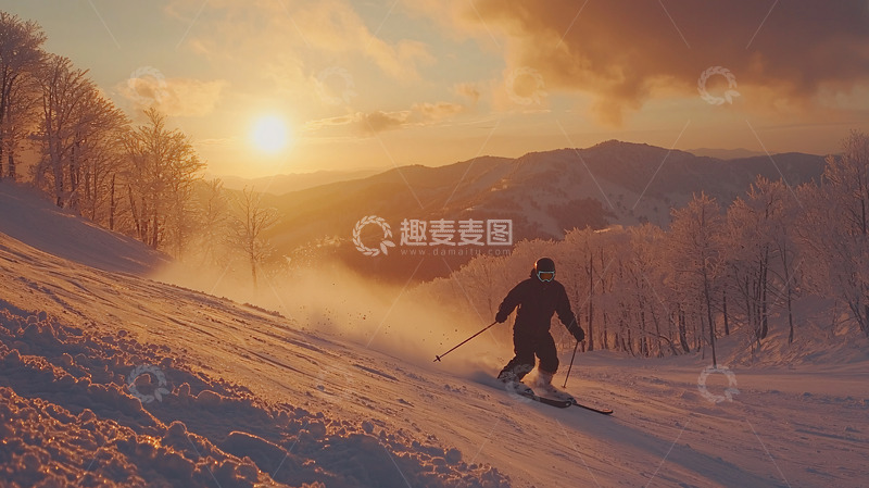 高清大图下载【趣麦麦图】夕阳下滑雪者
