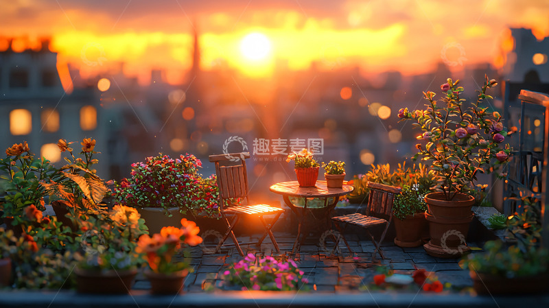 高清大图下载【趣麦麦图】日落巴黎屋顶花园