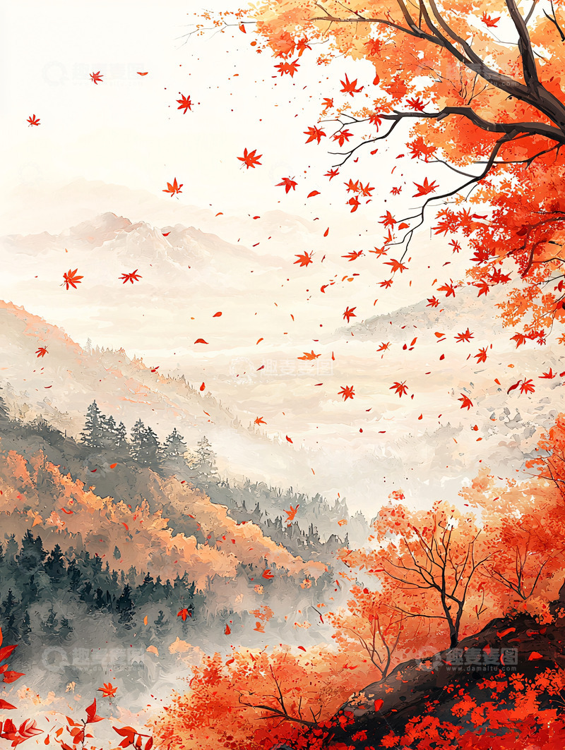 高清大图下载【趣麦麦图】秋日枫叶飘落山间
