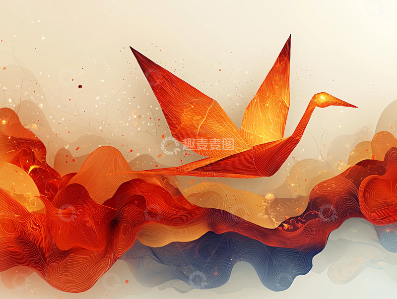 高清大图下载【趣麦麦图】橙色纸鹤飞翔云海