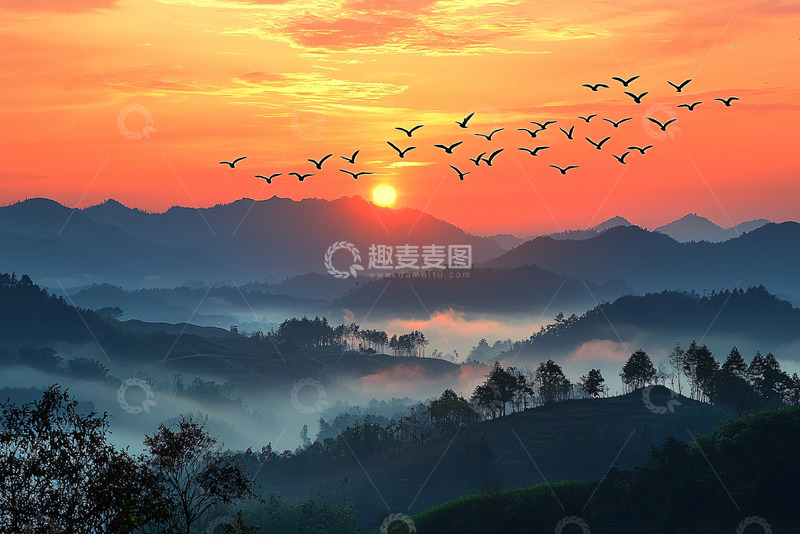 高清大图下载【趣麦麦图】群鸟飞翔的日出山景