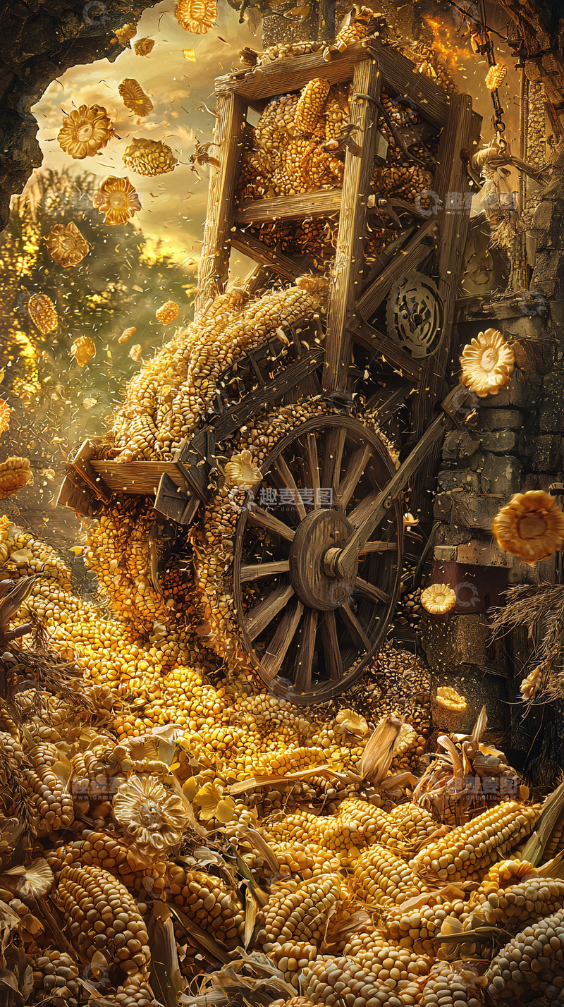 高清大图下载【趣麦麦图】木制独轮车装满玉米