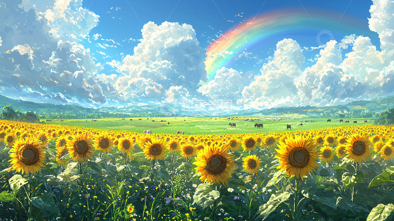 高清大图下载【趣麦麦图】向日葵田园彩虹风景