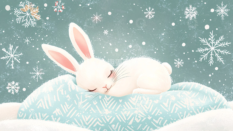 高清大图下载【趣麦麦图】冬日雪景中熟睡的兔子