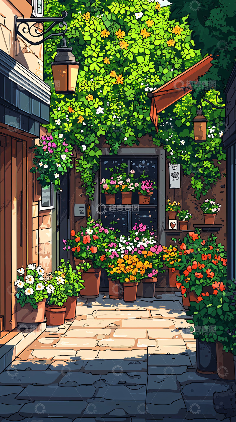 高清大图下载【趣麦麦图】阳光洒满花店的巷弄