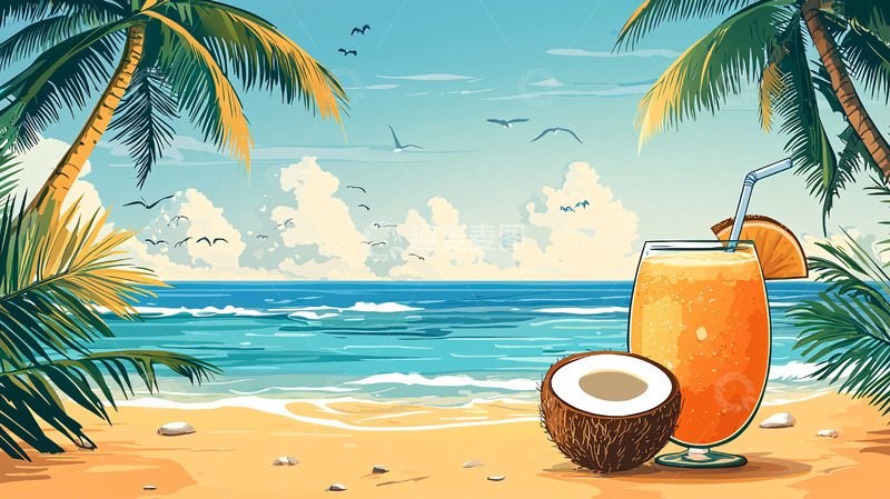 高清大图下载【趣麦麦图】海滩椰林果汁背景