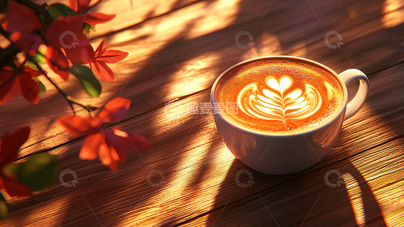 高清大图下载【趣麦麦图】阳光下木桌上的拉花咖啡