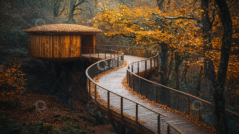 高清大图下载【趣麦麦图】秋日森林里的树屋小径
