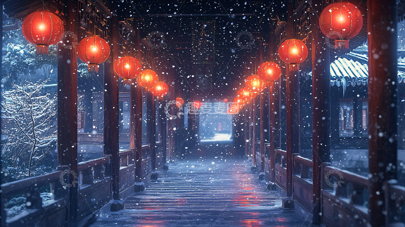 高清大图下载【趣麦麦图】雪中红灯笼长廊