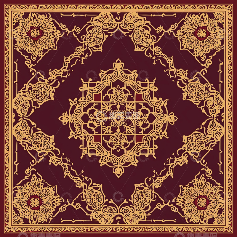 高清大图下载【趣麦麦图】精美对称金色花纹深红色底