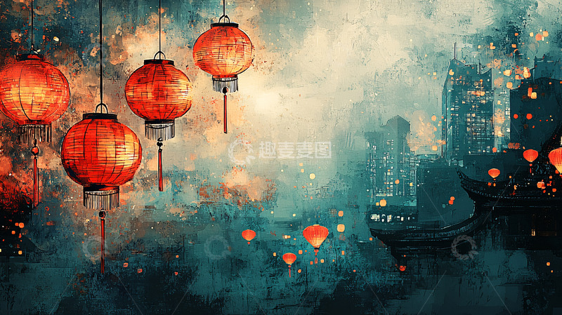 高清大图下载【趣麦麦图】红灯笼夜景城市水墨画