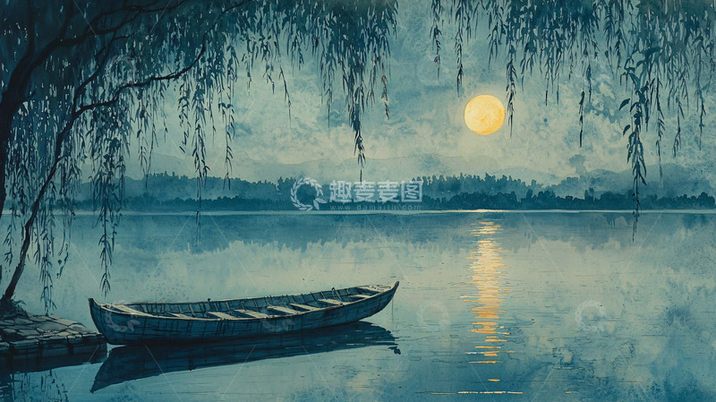 高清大图下载【趣麦麦图】月夜下的湖面小船