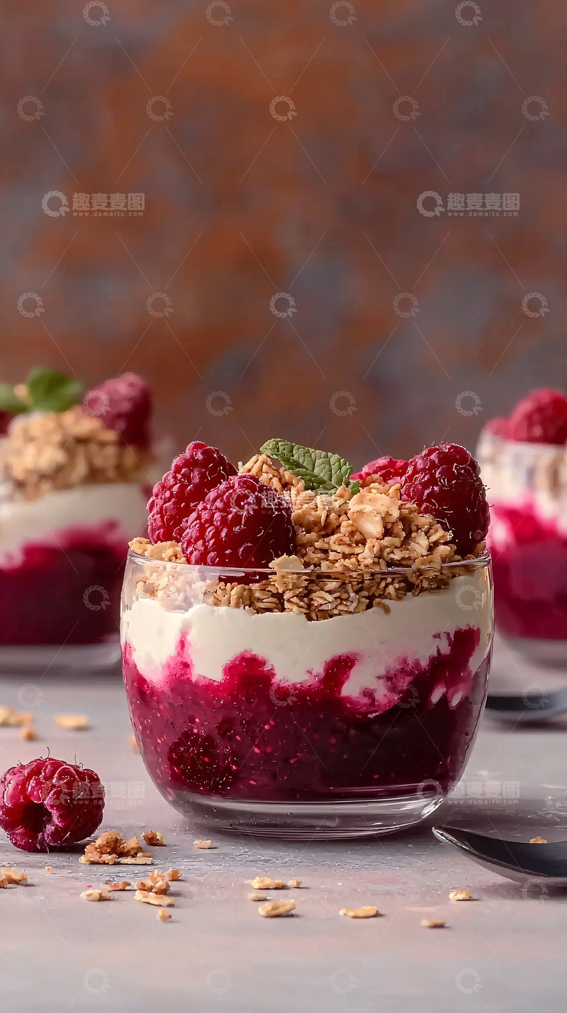 高清大图下载【趣麦麦图】酸奶树莓燕麦早餐杯