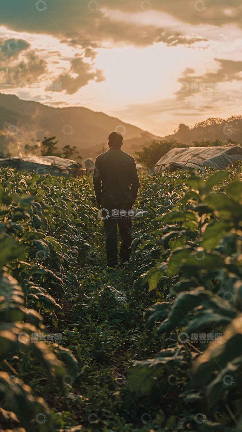 高清大图下载【趣麦麦图】夕阳下田间行走背影
