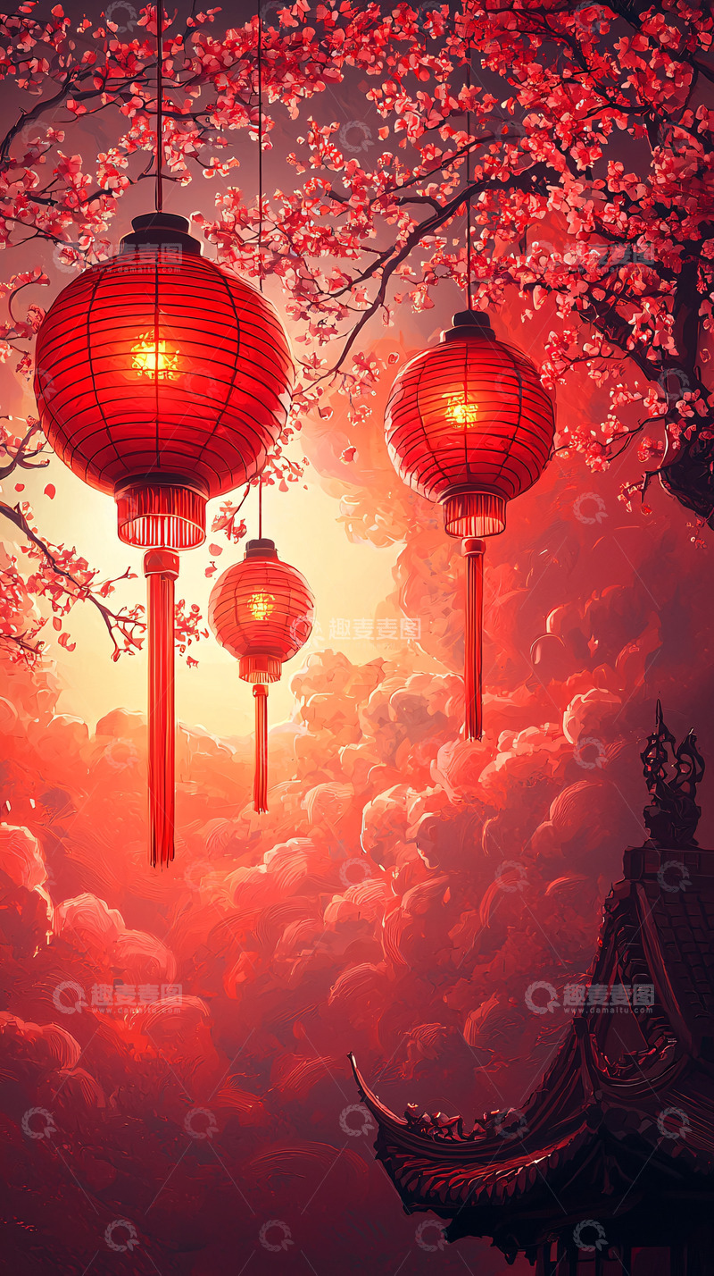 高清大图下载【趣麦麦图】红灯笼樱花树下的剪影