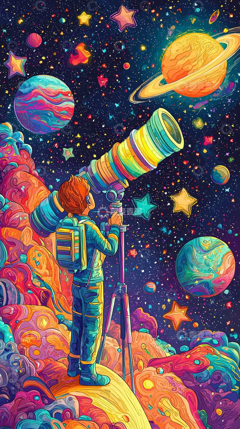 高清大图下载【趣麦麦图】太空探索少年与彩色星球